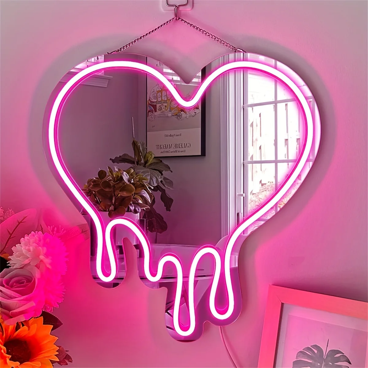 LED Heart Neon Sign Light for Bedroom Girl\'s Room Party Studio Shop Decor Melt Heart with Pink Mirror Sign Perfect Birthday Gift