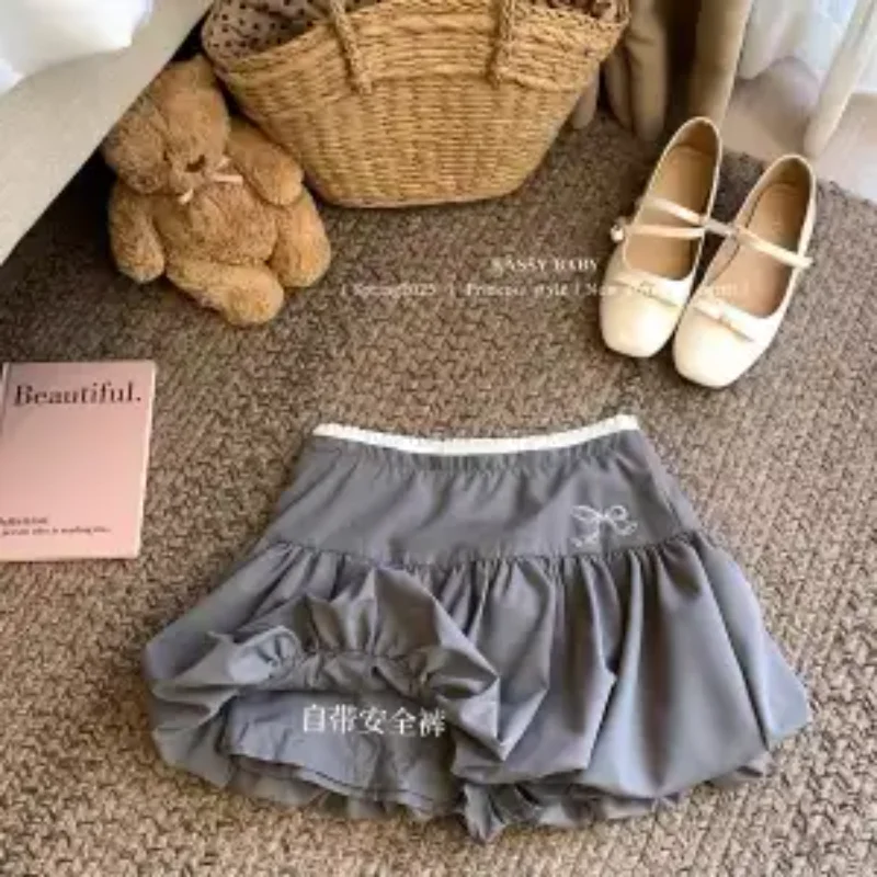 Girls' Khaki Bubble Mini Skirt High Waist Elastic Waistband Puff Princess Style Skirt