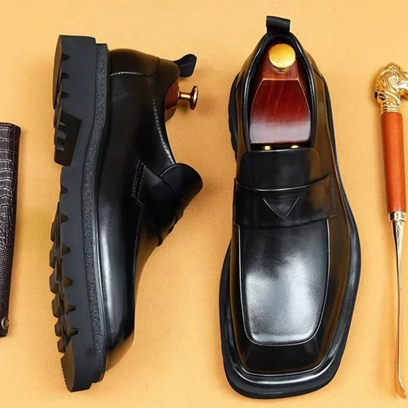 4cm High Heels Thick Bottom Platform Shoes Men Height-increasing Shoes Square-toe Leather Loafers Mens Wide-foot Formal Shoes