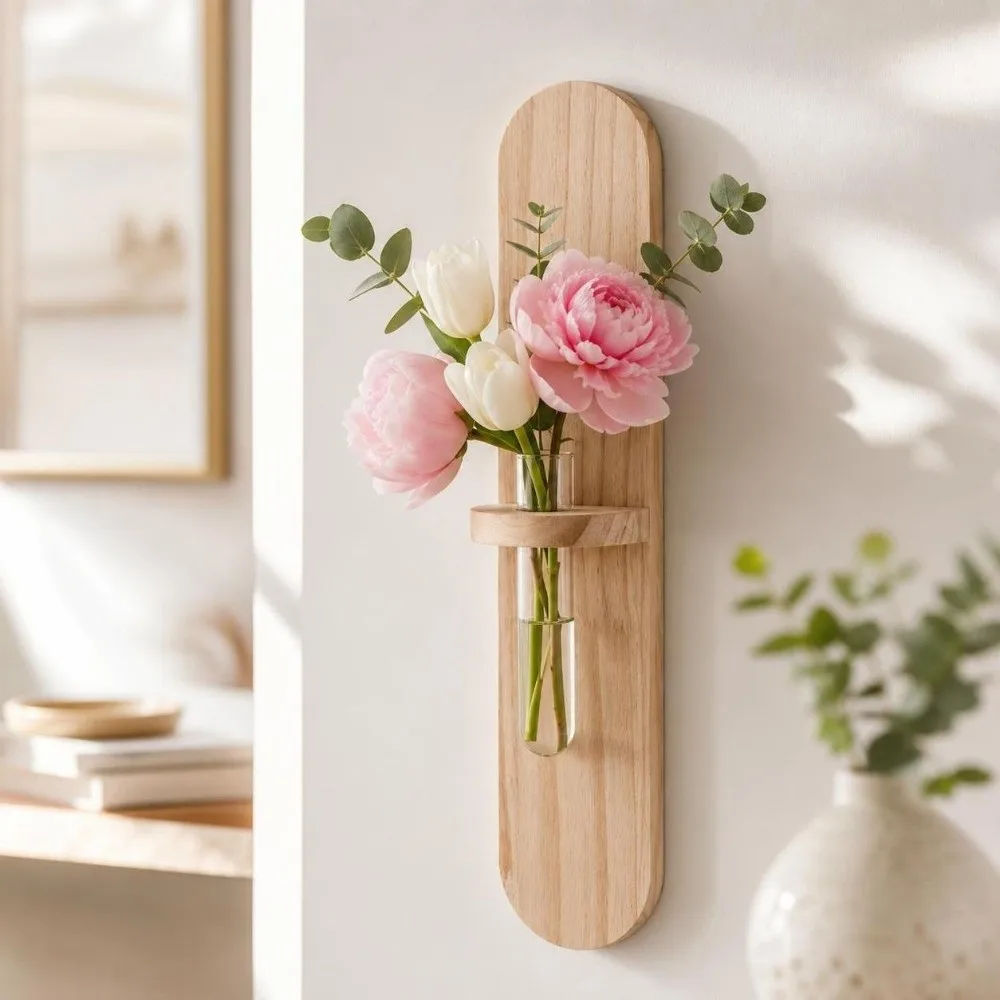 Wooden Wall Mounted Planter Vase Creative Design Flower Plant Pot Minimalist Style Home Ornaments Water Plant Tube Stand