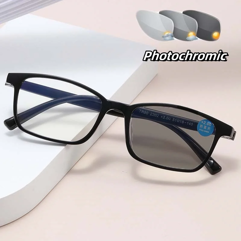 

Men's Intelligent Color Changing Far Sight Eyewear Ultra Light Black Square Photochromic Eyewear HD Far Sight Glasses To +4.0