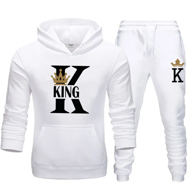 2024 New Autumn and Winter Men\'s and Women\'s Sweater Set KING QUEEN Loose Relaxed Hooded Print Couple Set