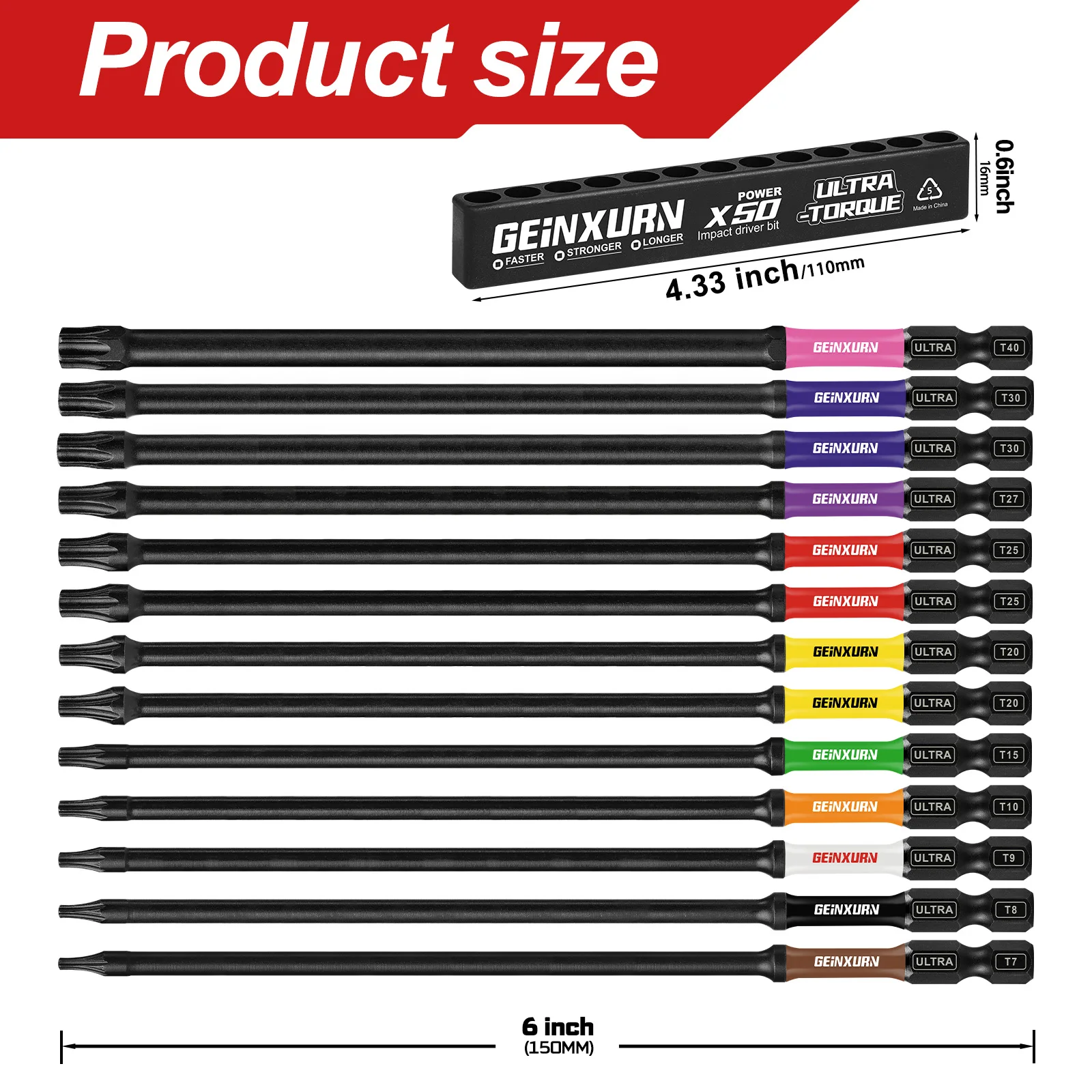 Geinxurn 13pcs 6” Magnetic Torx Screwdriver Bits Set (T7-T40),D2 steel,Long Extension Star Driver Bits Set with Color Coded Base