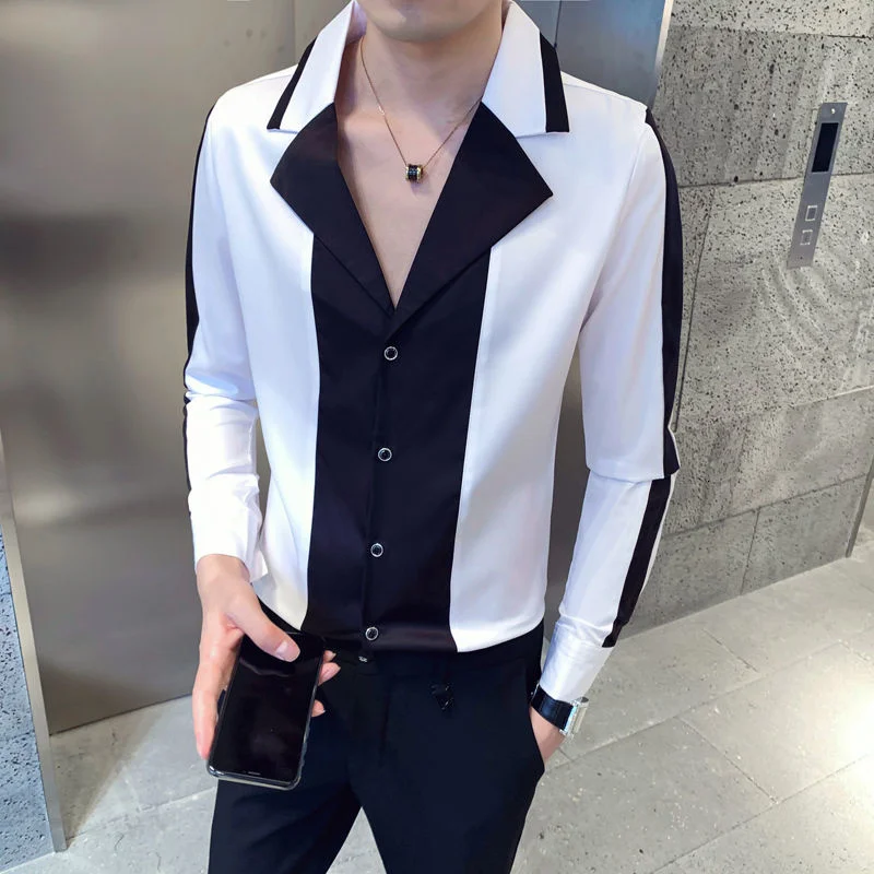 

White Black Splicing Shirt For Men Flower Shirt Party Shirt Luxury Contrast Print Wedding Shirt 2022 Camisa Social Masculina