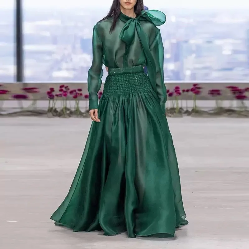 

Clothland женский милый зеленый сетчатый костюм с галстуком-бабочкой, рубашка с длинными рукавами, длинные юбки, прозрачный шикарный комплект из двух предметов TA656