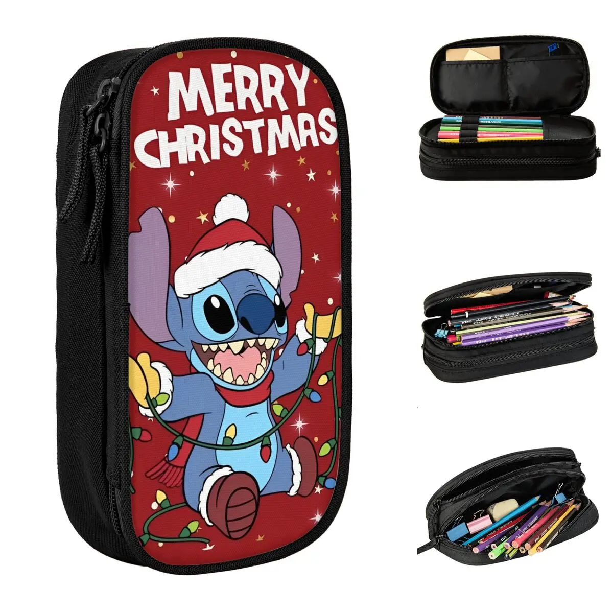 Stitch Merry Christmas Snowflake Pencil Cases Happy New Year Pen Bags Student Big Capacity School Supplies Zipper Pencilcases