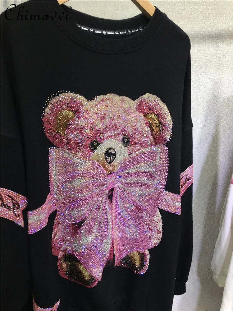 European Heavy Hot Diamond Sweatshirt Female Cute Bear Bow Round Neck Loose Mid-length Slim Cool Girl Pullover Hoodies Top