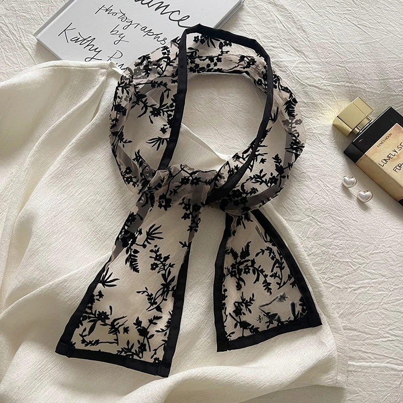 Luna & Dolphin – écharpe fine en dentelle floquée Vintage français, sac à cheveux fleur noire, cravate, bandeau pour filles, ruban décoratif