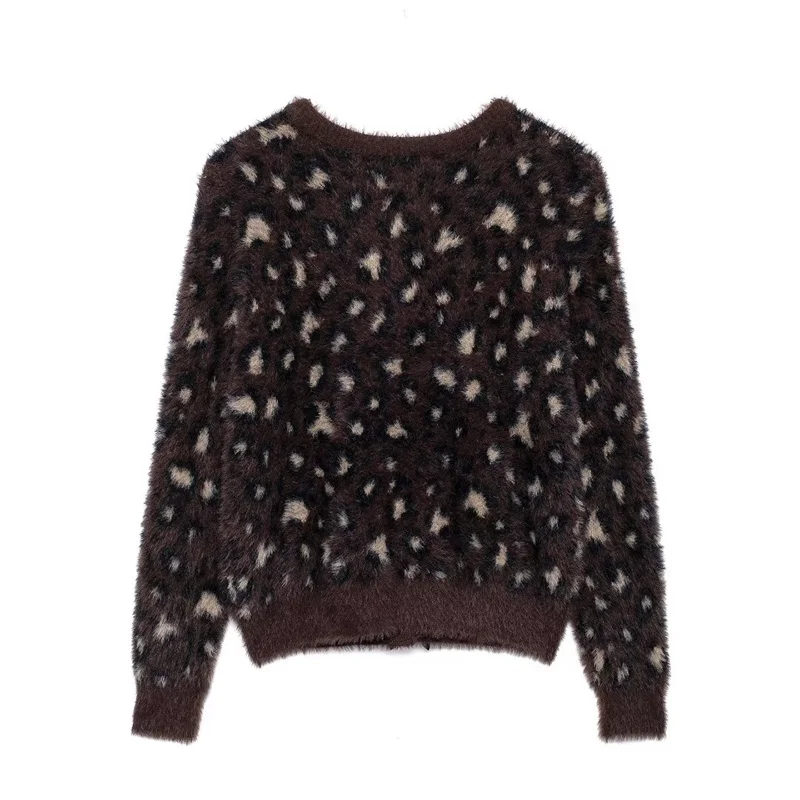 KEYANKETIAN 2024 Autumn/Winter New Women's Leopard Print Jacquard Mohair Knit Cardigan Bow Buttons Cropped Sweater Knitted Top