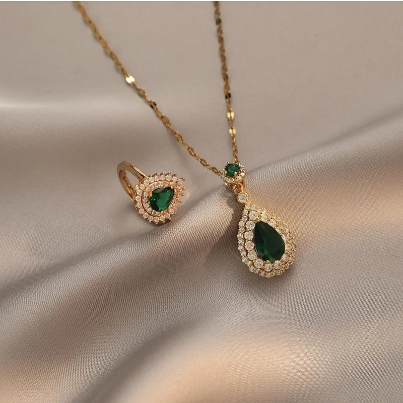 Temperament Water Drop Emerald Pendant Necklace for Women Charm Gold Color Stainless Steel Zircon Choker Ring Bride Jewelry Set