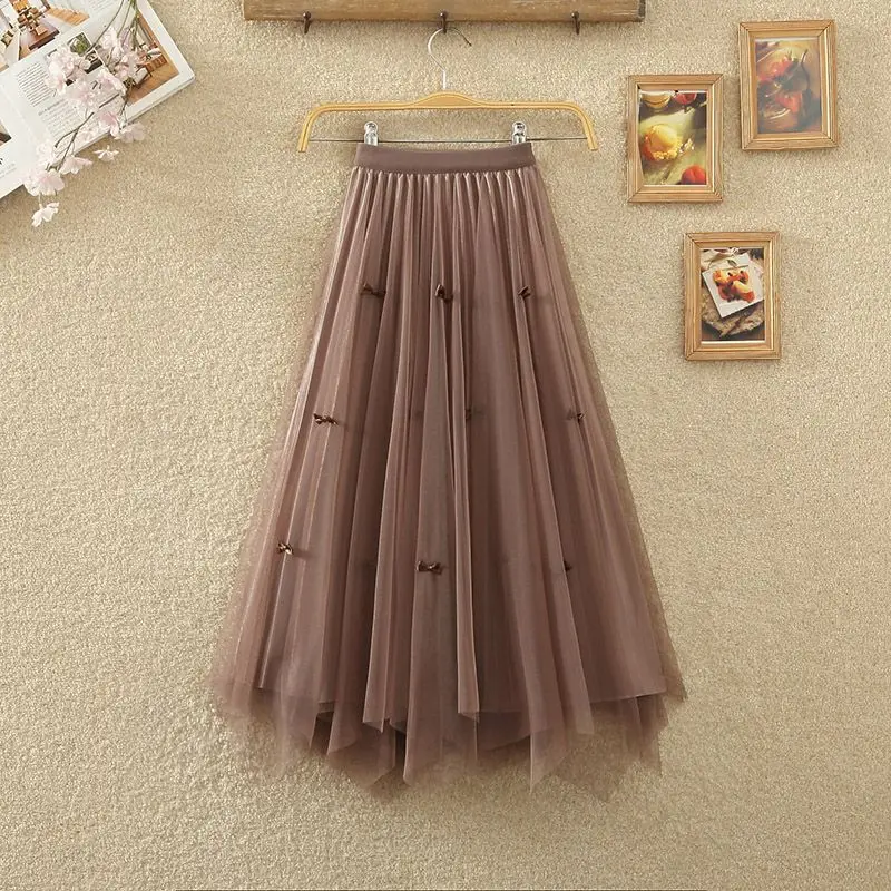 

Korean Fashion Summer New Women's Solid Elastic Waist Bow Gauze Folds Irregular Elegant High Waist Slim Mid-length A-line Skirt