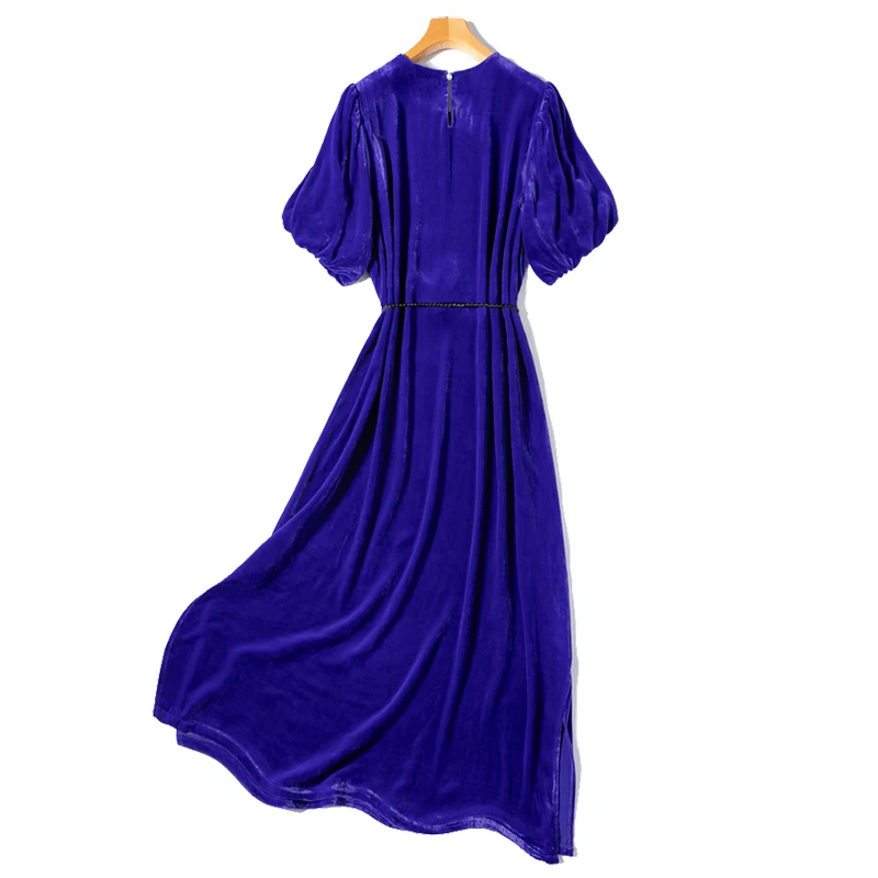 100% Mulberry Silk Lining Women Silk Velvet Midi Dress Royal Blue O Neck Belted Waist Short Sleeve Loose Long Dress M1207