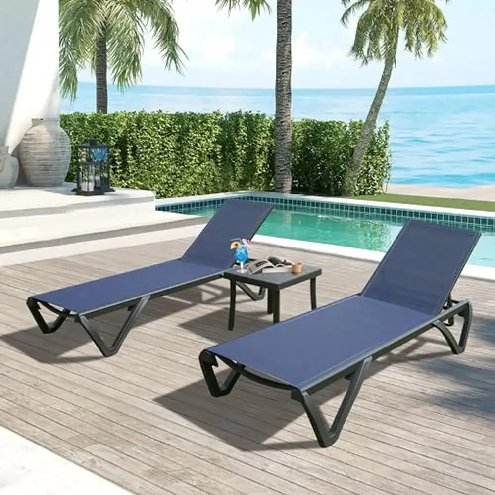 Pool Lounge Chairs Aluminum Patio Chaise Lounge Set Navy Blue 5 Position Adjustable Outdoor Side Table Wheels Beach Relaxation