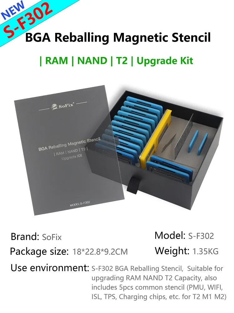 Sofix S-F302 BGA Reballing Jig with Complete Stencils for Applying Solder Balls to BGA Chips Including NAND RAM and T2 Stencils