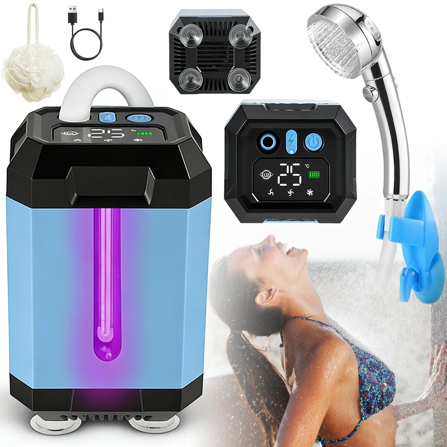 Douche de camping portable 54000mAh, pompe de douche de camping, douche de camping extérieure avec douchette et tuyau pour la randonnée, les voyages, la plage et les animaux de compagnie