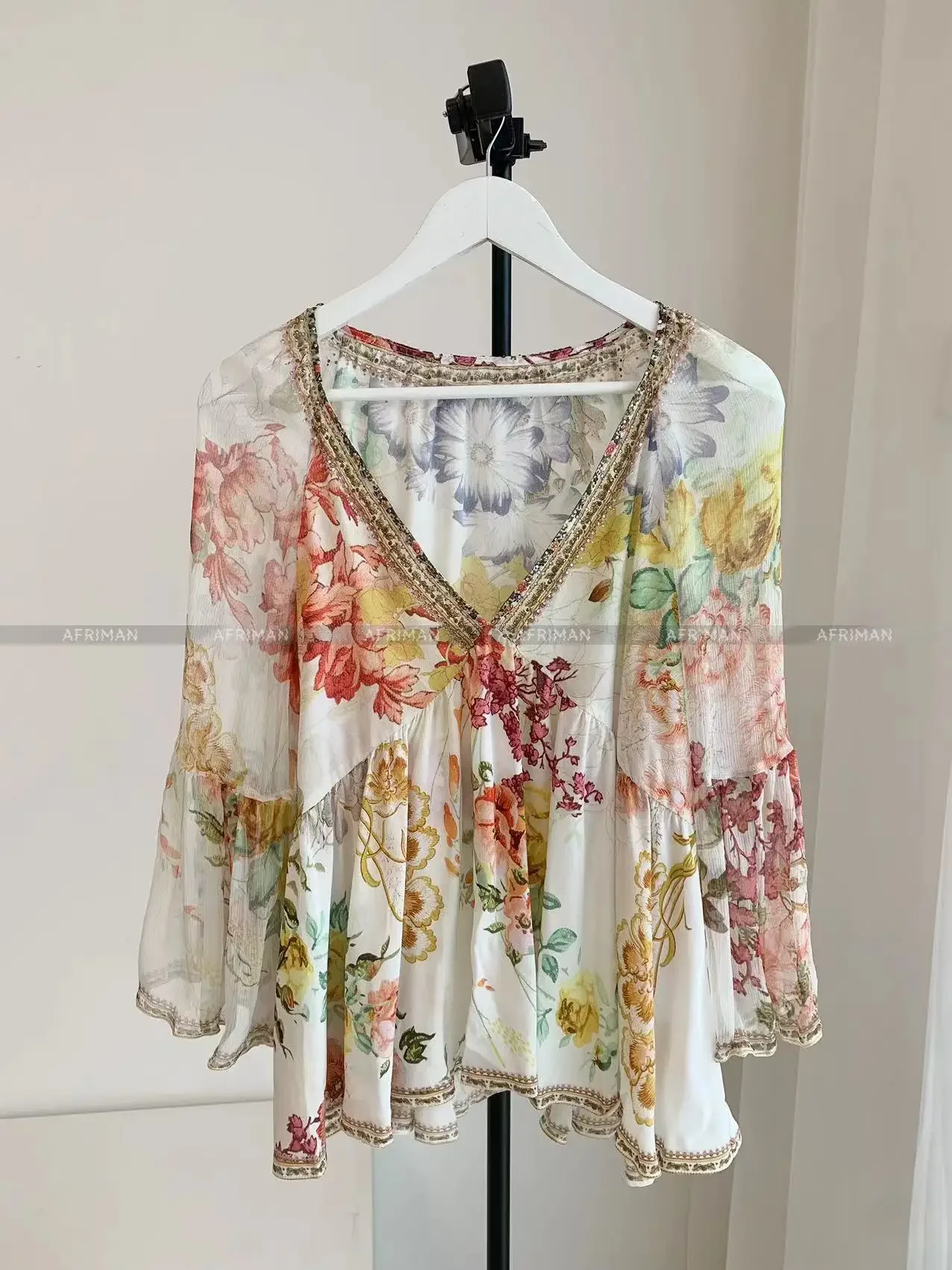 2024 New V Neck Heavy Beaded Flower Print Flare Sleeve 100% Silk Loose Blouse