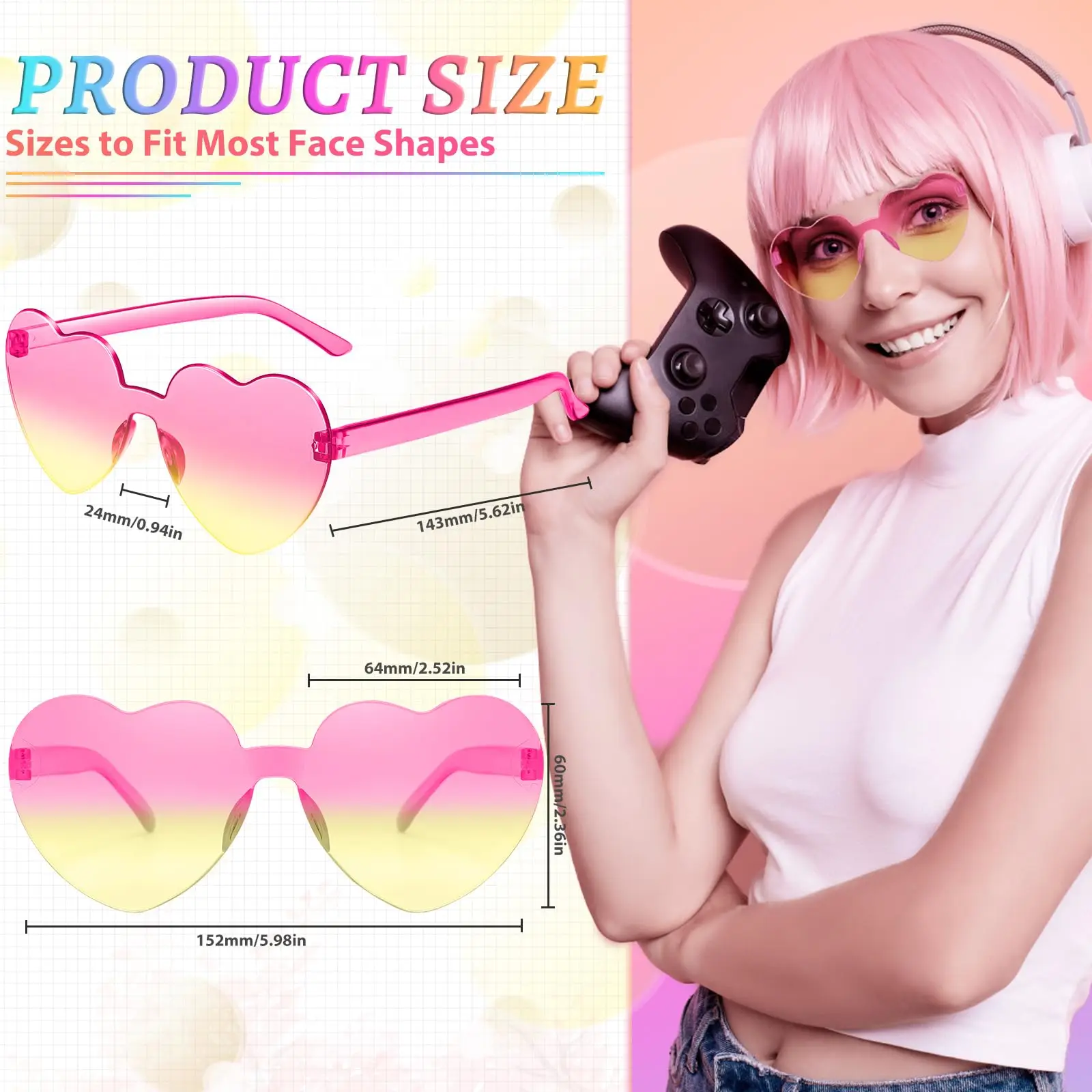 12/24/48Pcs Bachelor Party Sunglasses Heart Shaped Rimless Sunglasses Bulk Gradient Colorful Fun Sunglasses for Party Favor
