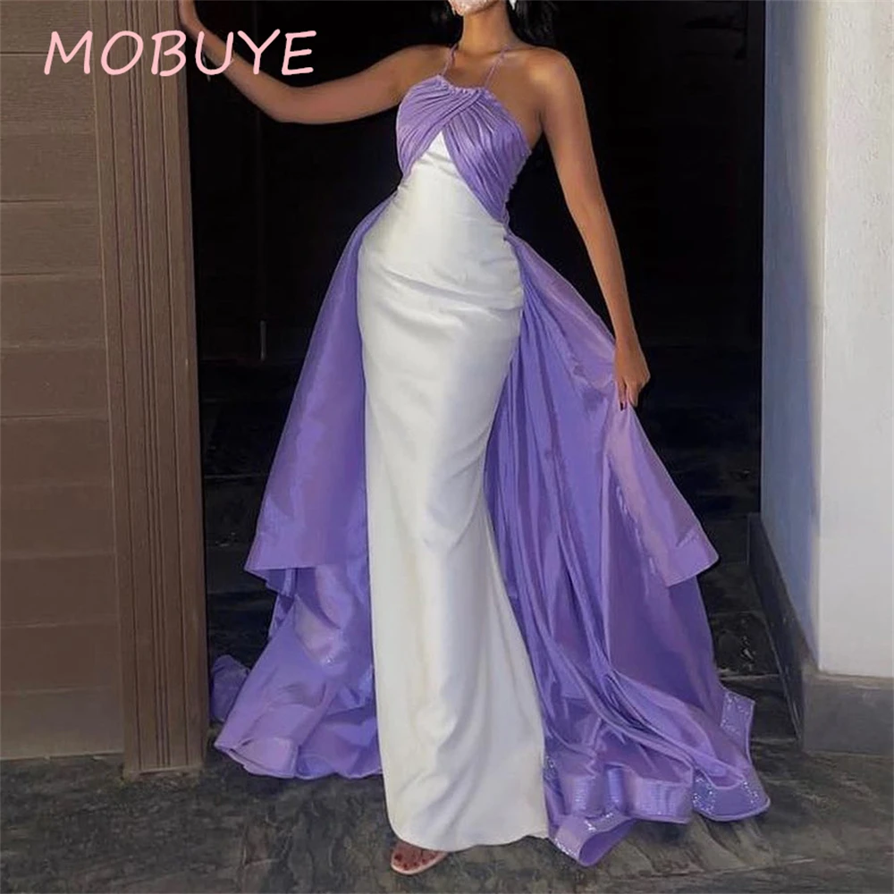 MOBUYE 2024 Popular Halter Neckline Prom Dress  Floor-Length With Sleeves Evening Fashion Elegant Party Dress For Women