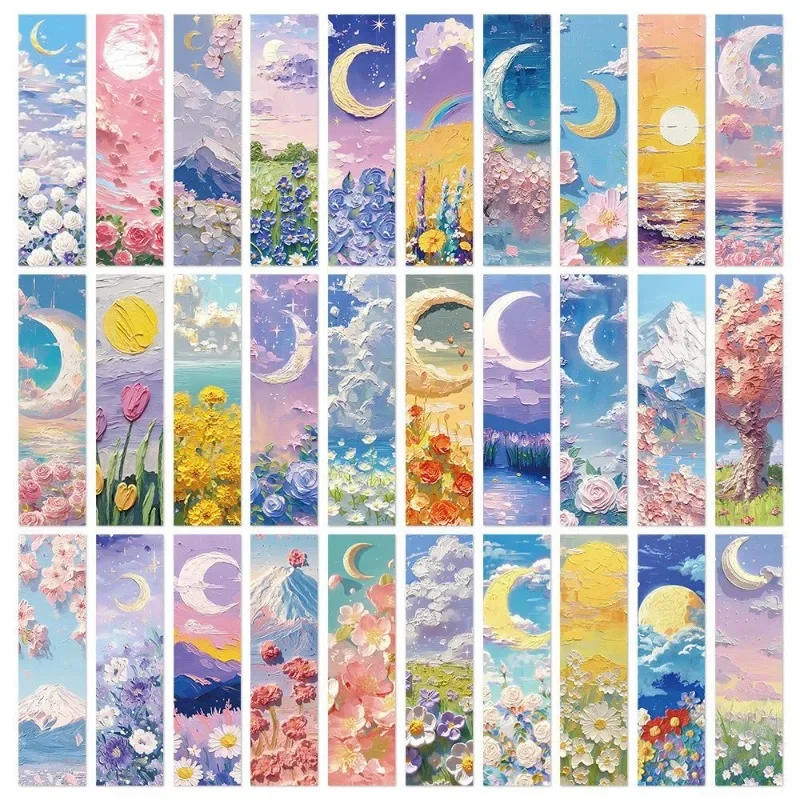 30PCS Beautiful Bookmarks Emboss Oil Painting Style Paper Bookmarks Fairy Tale Scenery Student Stationery Back To School