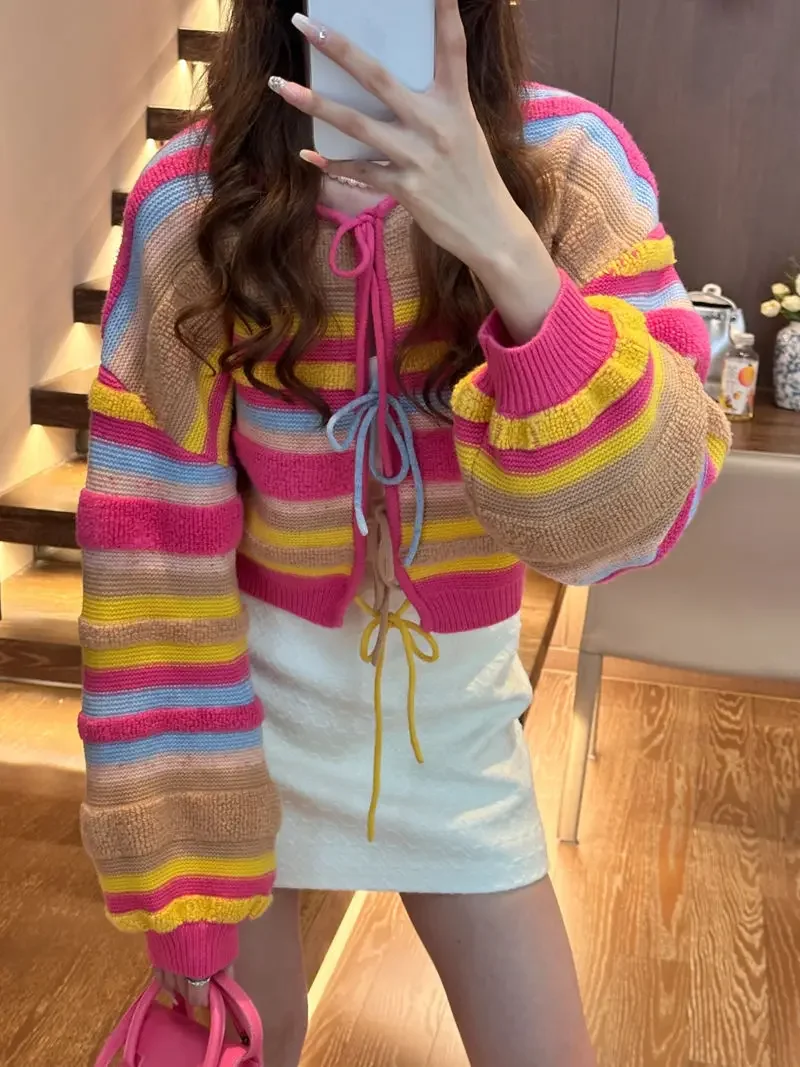 Gagarich Dopamine Wearing Rainbow Striped Bow Tie Knit Cardigan Women Autumn Winter Korean Design Sweater Jacket Top