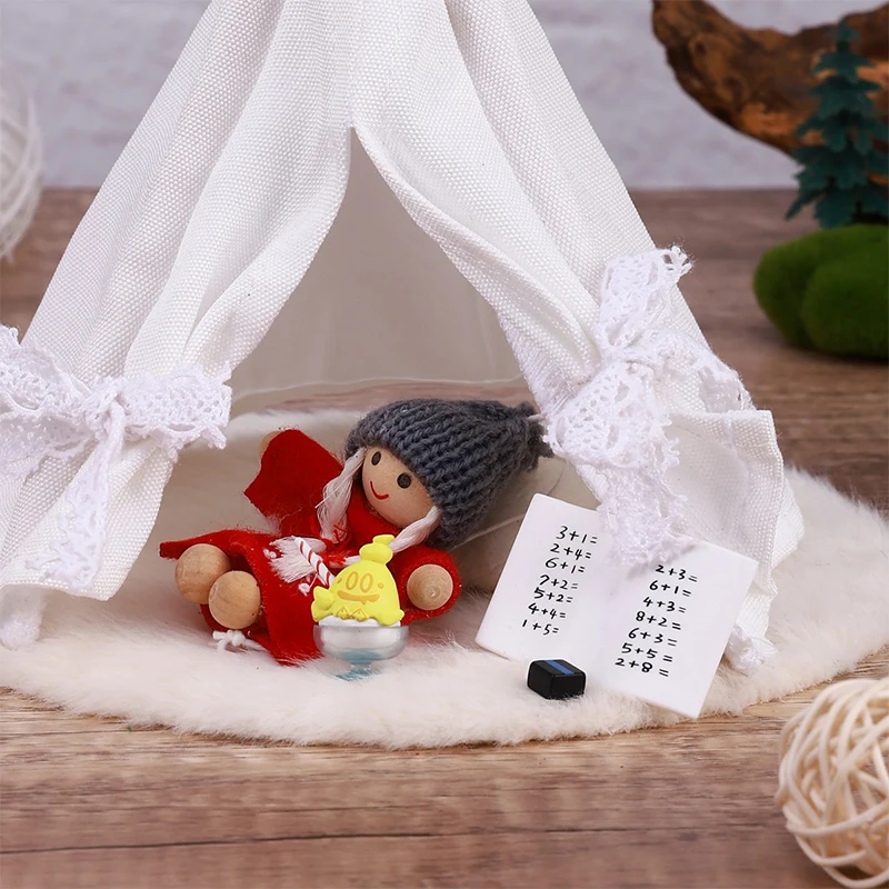 1:12 Dollhouse Outdoor Travel Camping White Tent Kit W/Carpet Pillow Doll House Miniature Fairy Garden Micro Scene Decor Toy