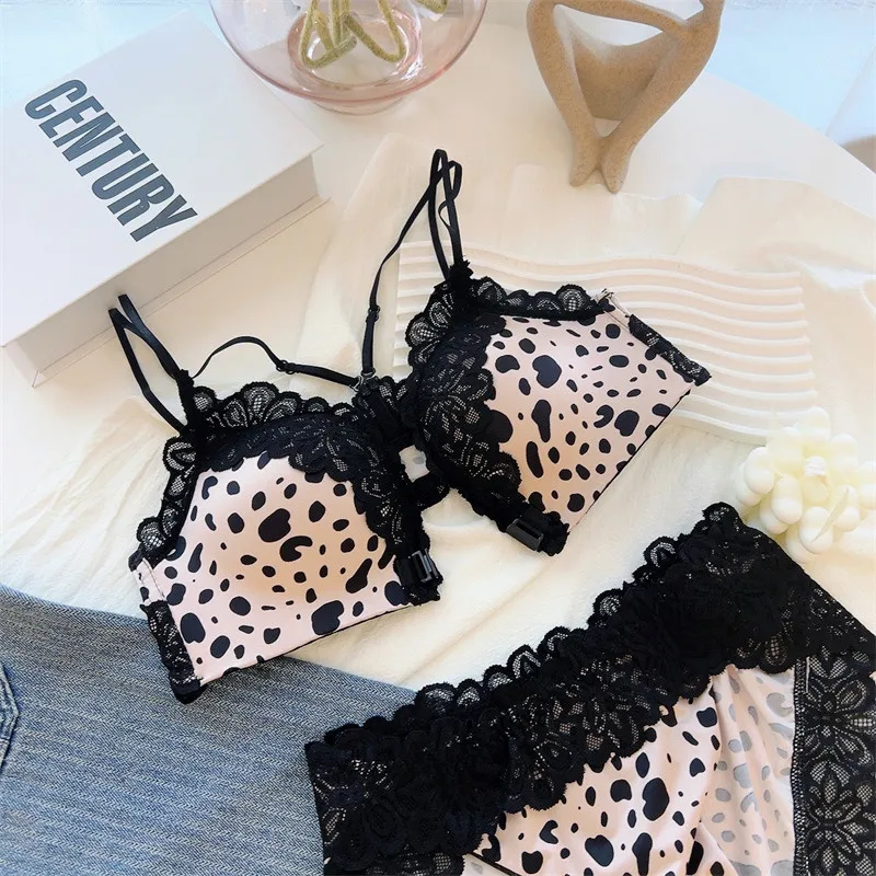 

Leopard print front buckle underwear women's small chest gathered breasts bralette sexy beautiful back no steel ring bra set