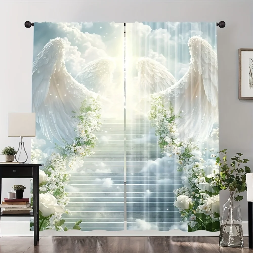 2pcs Shimmering White Angel Wings & Floral Curtains – for Kitchen, Café, Office, Living Room & Bedroom Decor