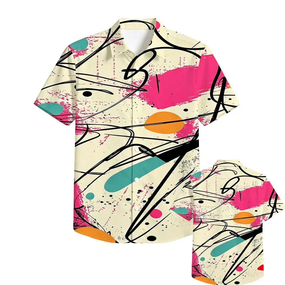 3D Abstract Graffiti Print Men Hawaiian Shirt Short Sleeve Lapel Collar Hip Hop Streetwear Summer Beach Vacation Casual Tops