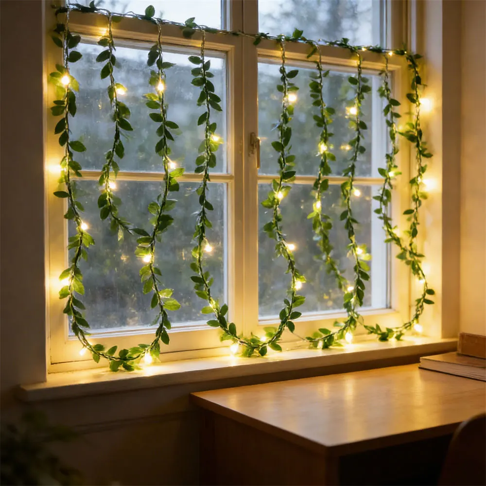 

Светодиодная гирлянда на батарейках для свадьбы, искусственные зеленые листья ротанга, сказочные огни, для улицы, сада, комнаты, украшение на Рамадан