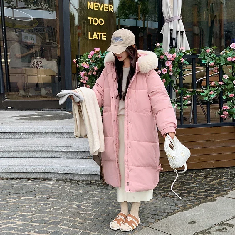 2024 New Down and Cotton Jacket for Women Mid to Long, Knee Length, Large Fur Collar Loose Hooded Jacket