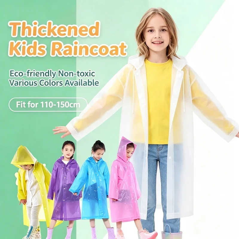 Kids EVA Reusable Raincoat Waterproof Transparent Hooded Poncho Lightweight Thickened Rainwear Unisex for School Hiking Camping
