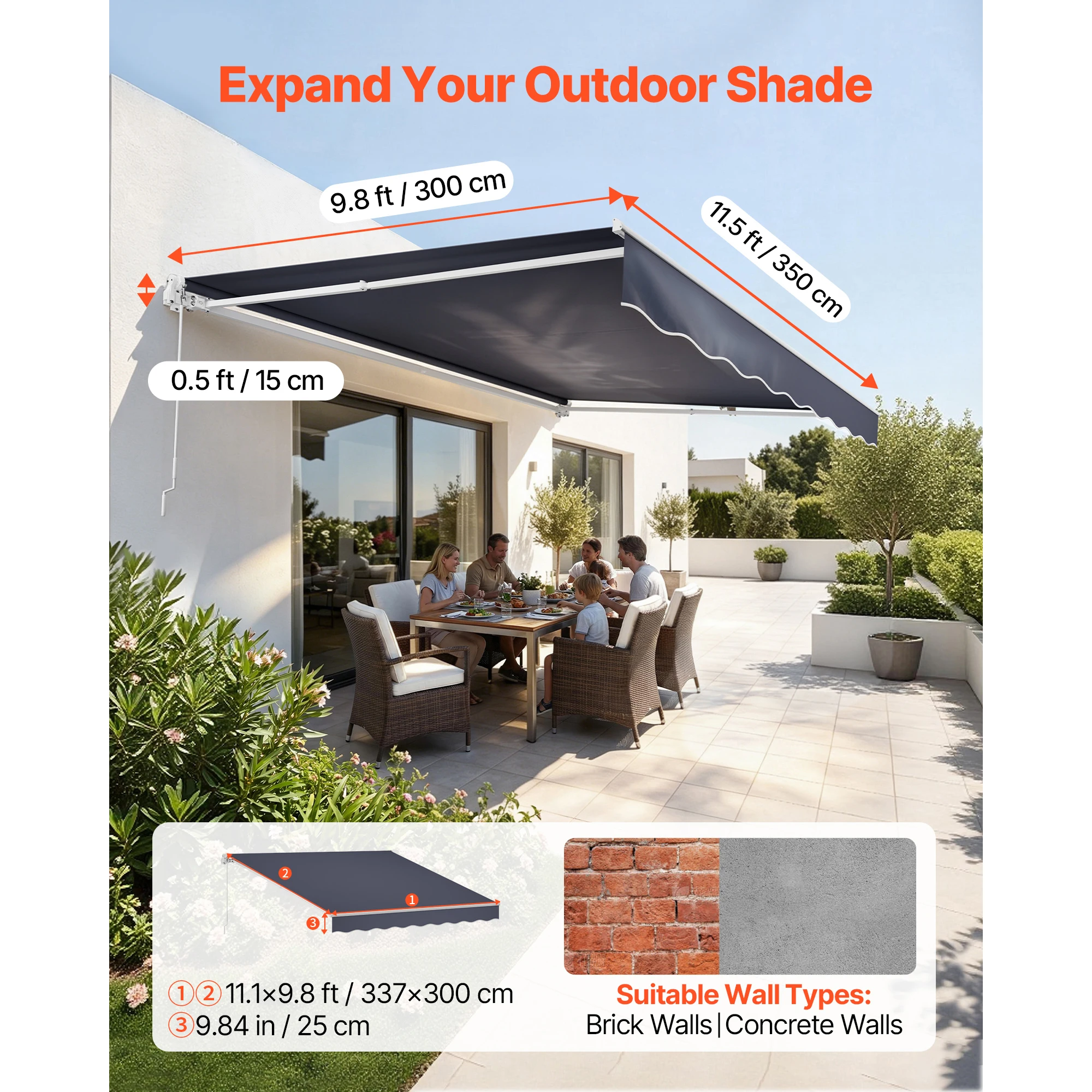 Manual Retractable Awning, 11.5' x 9.8' Outdoor Patio Awning Retractable Sun Shade, Patio Door Window Water-Resistant Polyester Sunshade Shelter with Crank Handle for Deck, Balcony, Yard, Gray