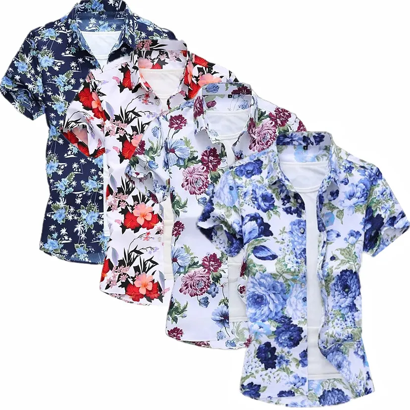 Summer New Men's White Print Short Sleeved Shirt, Blue Single Breasted Lapel Shirts, Black Purple Camisa Asian Size M-7XL. 2027