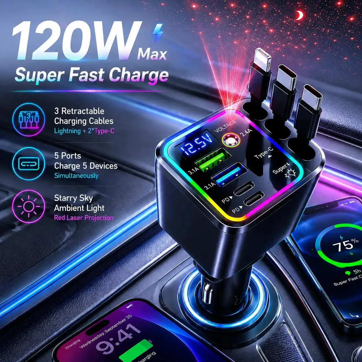 7‑In‑1 Multifunctional Retractable Car Charger, Fast Car Phone Charger with Digital Voltage Display & Star Sky Projection Light, Universal Automotive Accessory Compatible with Most Electronic Devices