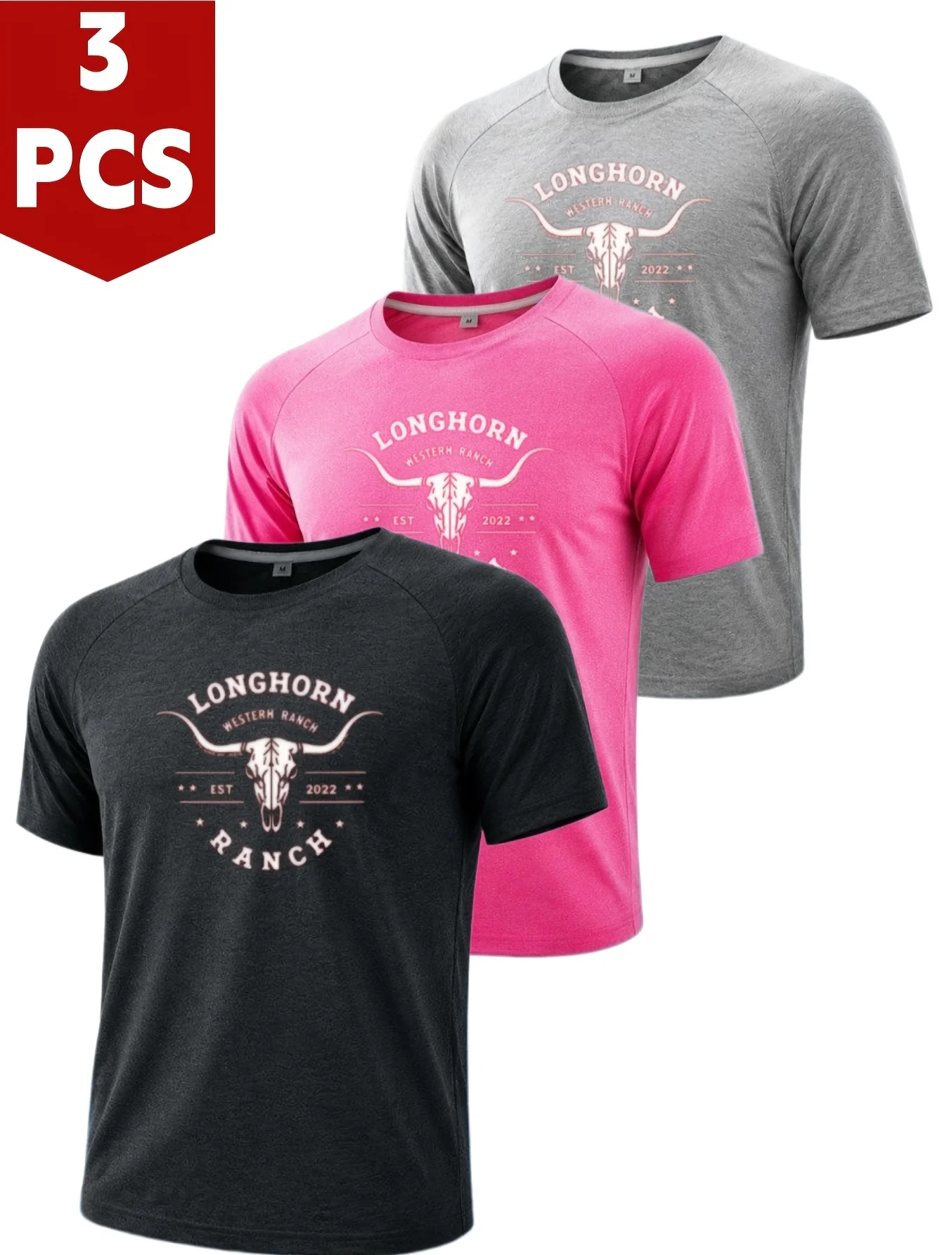 3pcs Cow horn Western-style ranch print muscle T-shirt, high elasticity non-slip sports T-shirt, fitness running basketball suit