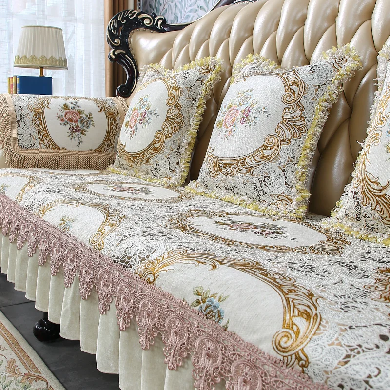 

AIWINSURE-Retro Chenille Lace Sofa Cover, 1, 2, 3 Seater, Leather Couch Slipcover Protector, Armchair Cover, Anti-slip, European
