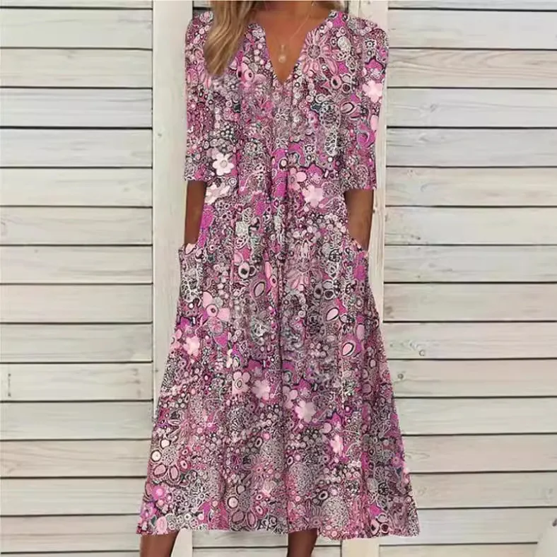 Robe de Soirée Vintage à Imprimé Floral pour Femme, Tenue de Plage Midi, Style Boho, Col en V, Manches Courtes, Poches, Nouvelle Collection Été