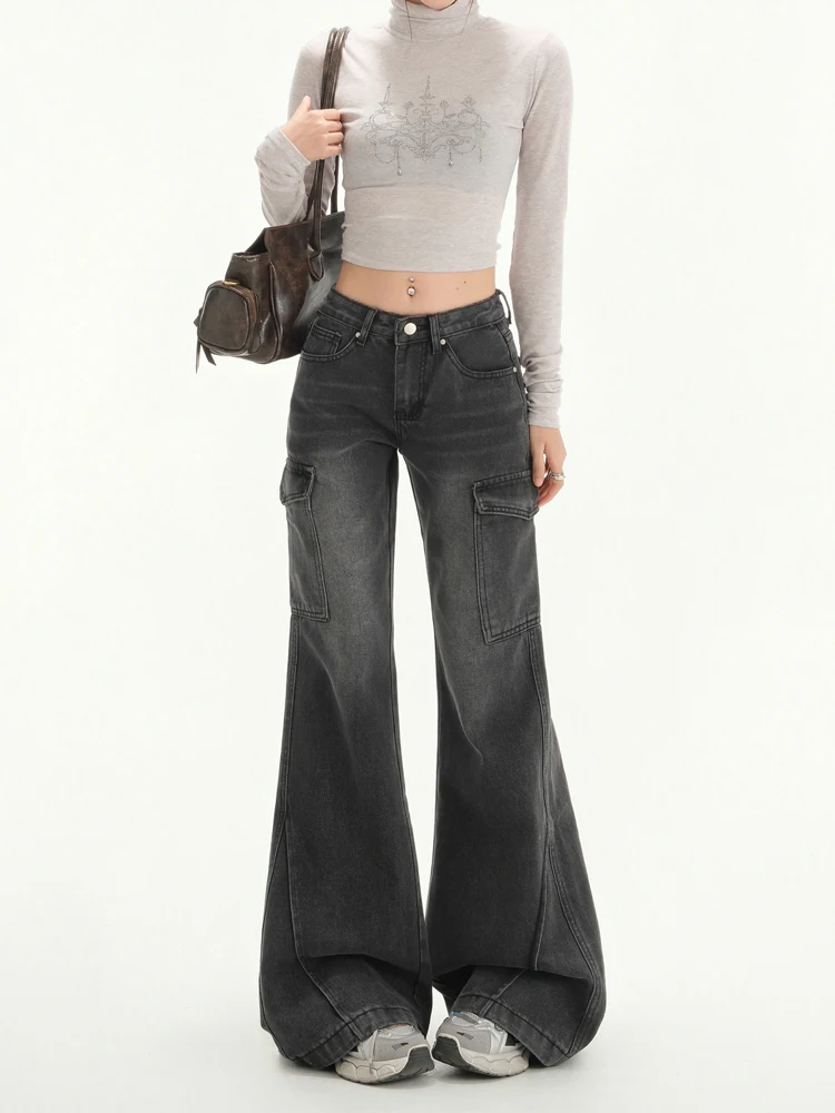 

2025 Осень Зима Женские темные академические расклешенные джинсовые брюки-карго с высокой талией Черные джинсы-клеш Y2k 2000-х Harajuku Gyaru Новинка