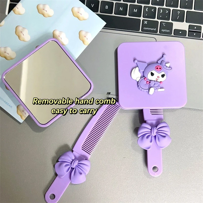 Portable Sanrio Cute Kuromi Comb Mirror Square Handheld Mirror Hair Massage Tool Comb Extracted Travel Hair Brush Styling Tool