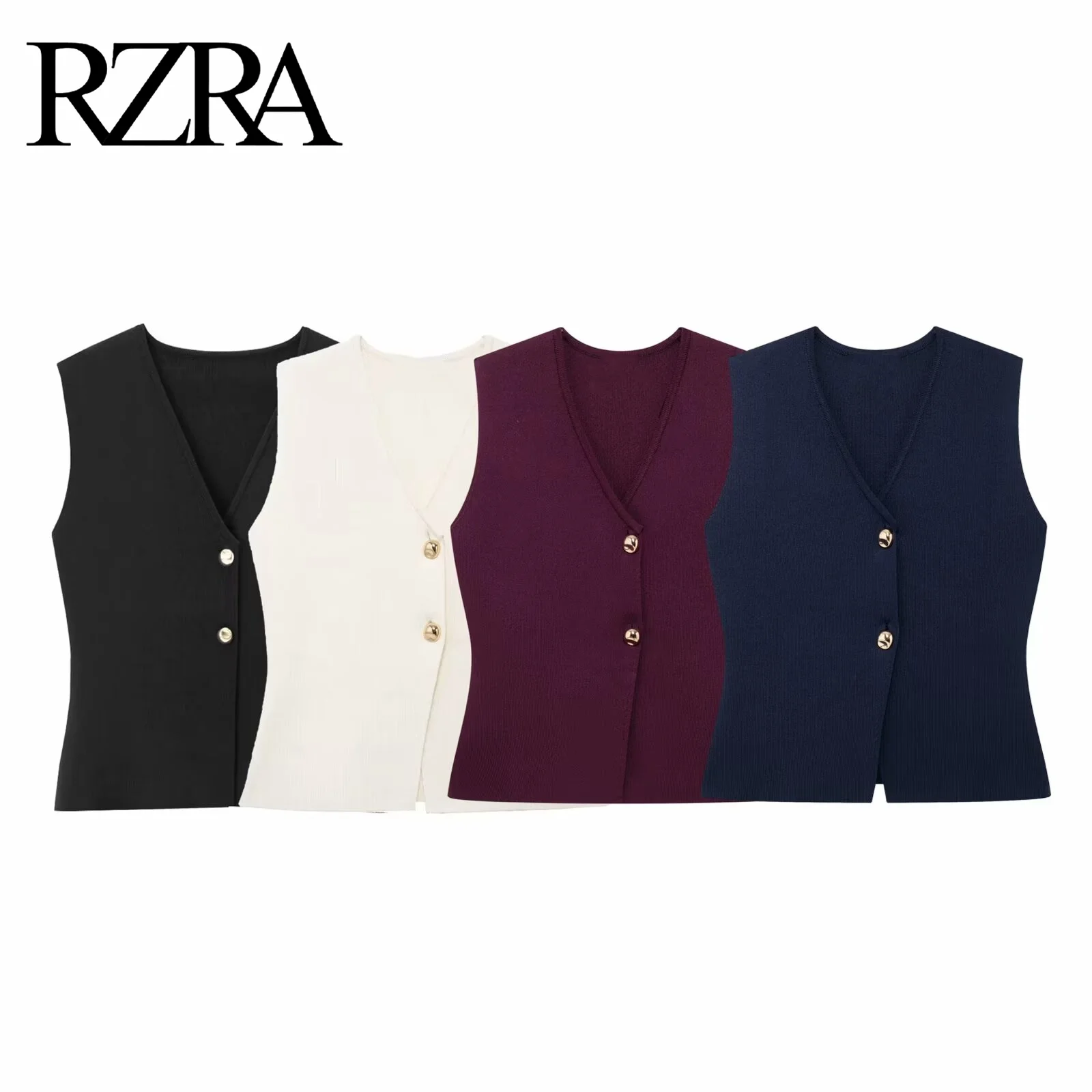 RZRA women\'s clothing 2024 autumn and winter new gorgeous all-match V-neck gold button short slim knitted vest