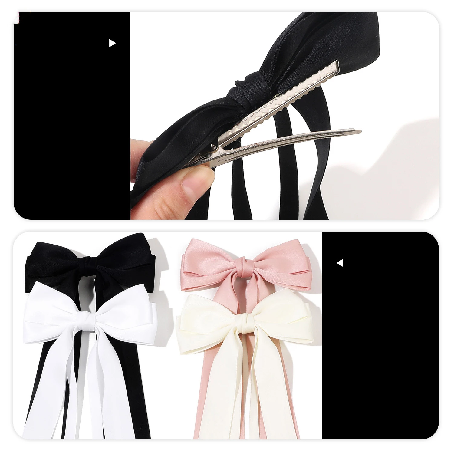 Ribbon Double Bowknot Duck Billed Clip for Women Girls Trendy Bow Long Tassel Hairpins Korean Style Solid Color Hair Barrettes