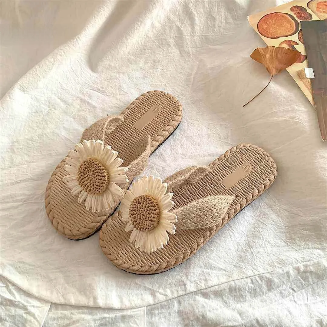 Handwoven Raffia Flat Bottom Clog Women's Slippers Summer 2024 New Style Citywalk T-strap Slip-on Space Cotton Filled