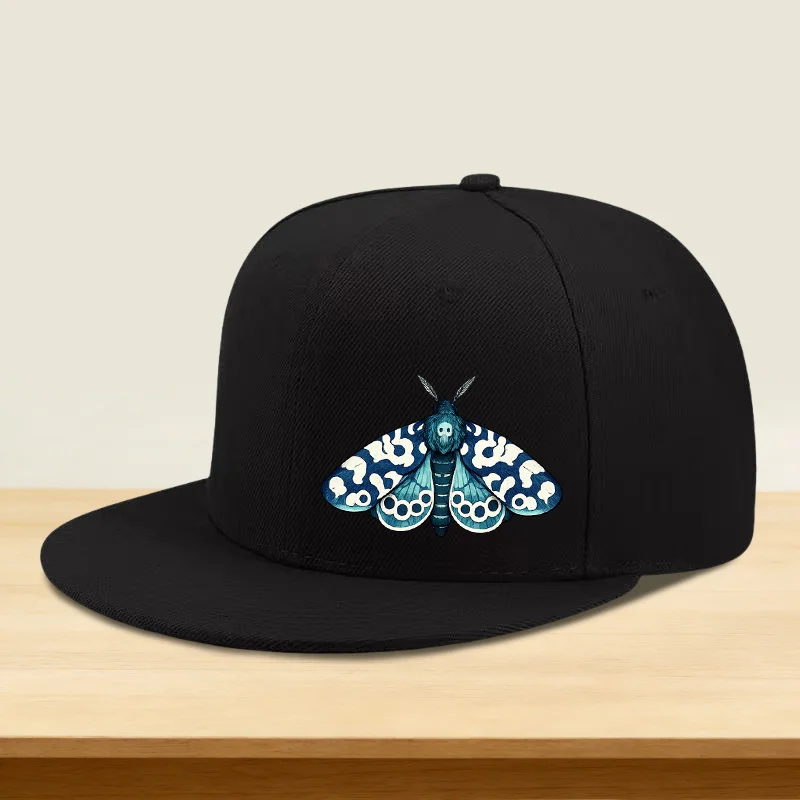 1 Hip-hop Hat Featuring a Blue Moth Print Pattern, a Flat-brimmed High-crown Cap in an Outdoor Sports Style for Men and Women. A