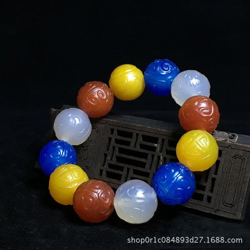 Natural Seven-Color Agate Men and Women, Pattern Multi-Precious Bead Bracelet 20mm
