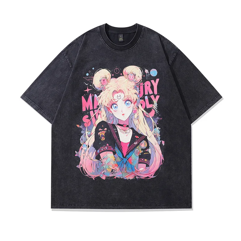 Sailor Moon Harajuku Street Tide Brand Sweet Cool Cartoon stampato lavato vecchio T-shirt a maniche corte di alta qualità per uomo e donna