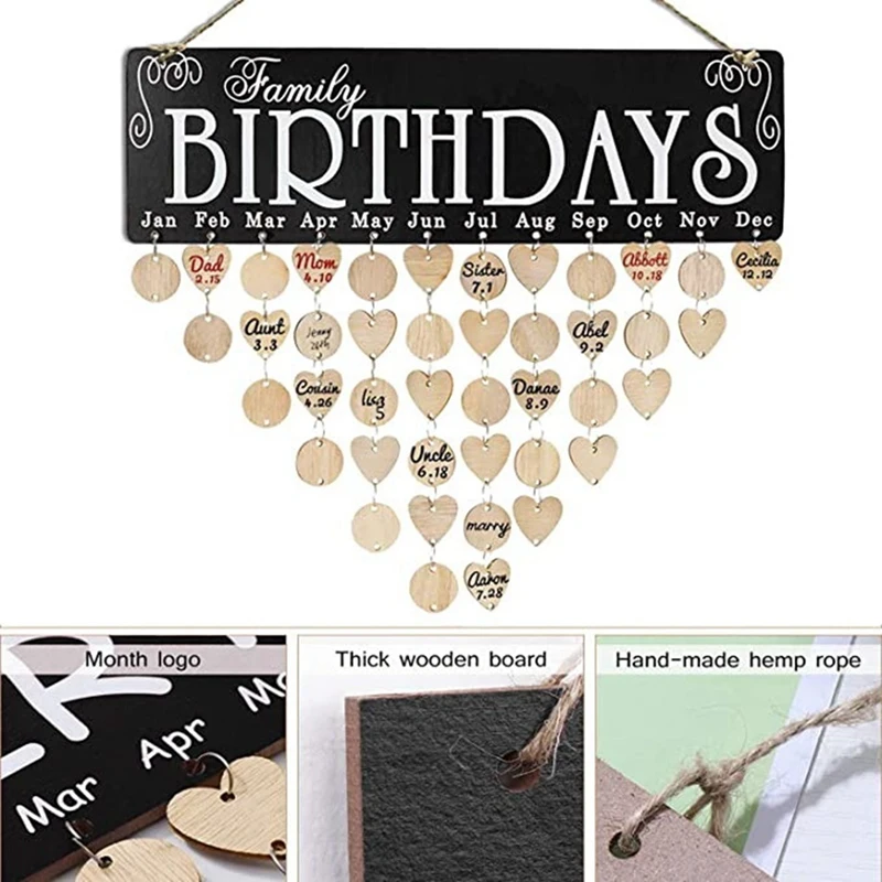 Birthday Reminder Calendar DIY Wooden Family Birthday Board For Mom Dad Friend Gifts With Round & Heart Wood Tags