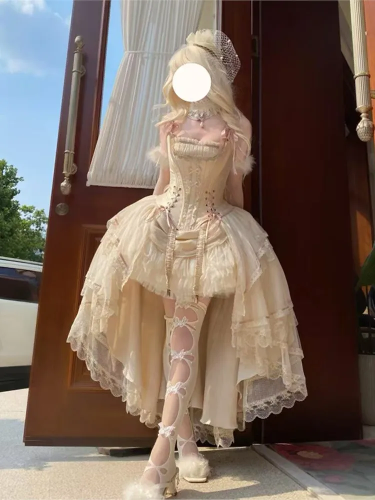 

A luxurious antique caramel birthday dress in champagne gold with short front and long back