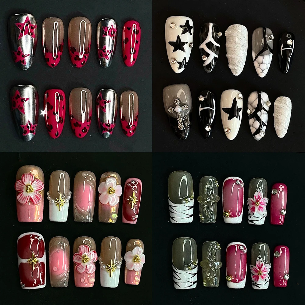 

10Pcs Sweet Cool Handmade Long Square Almond Press On Nails Colorful 3D Flower Stars Diamond Pearl Cat Eyes French False Nails