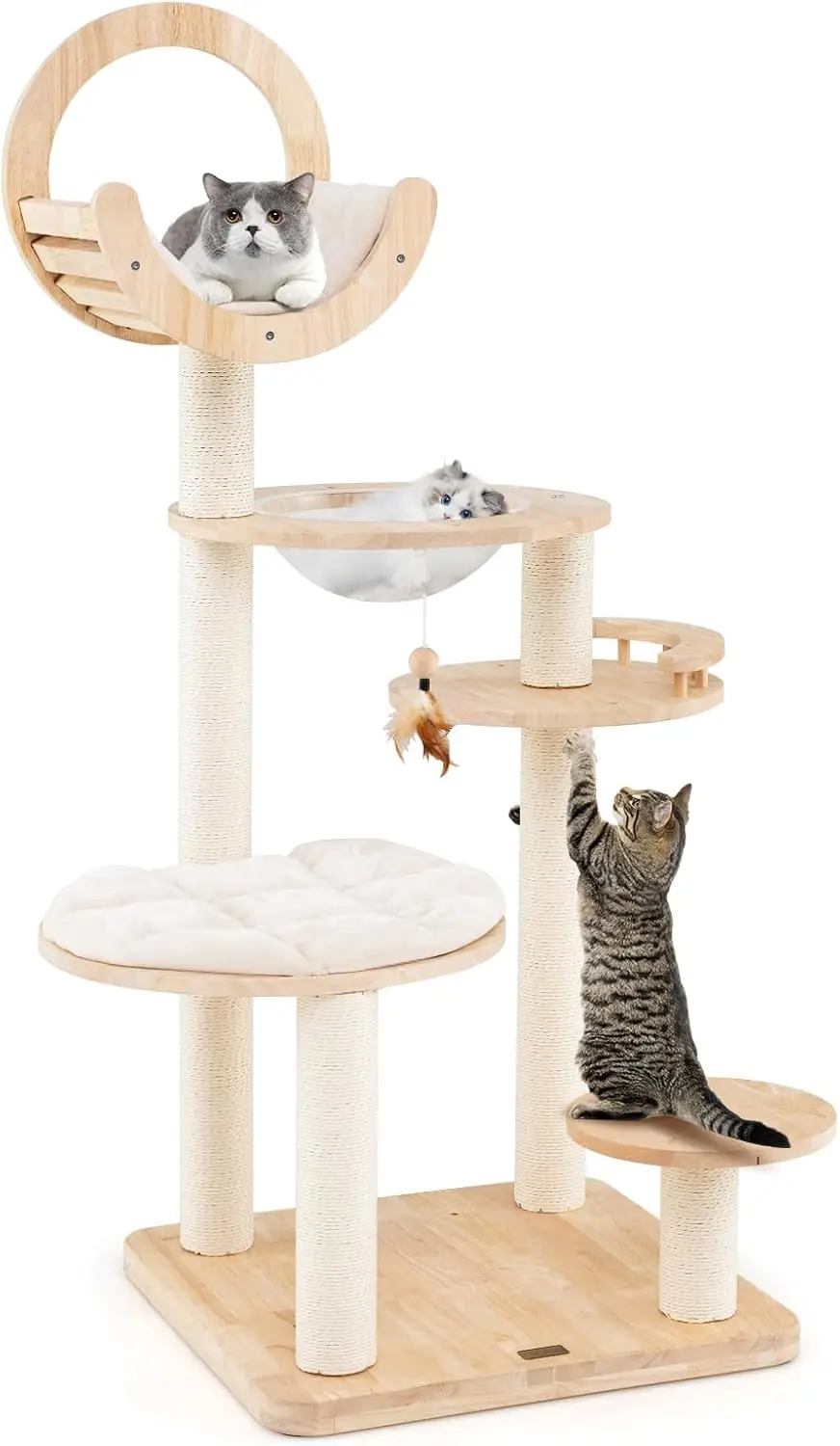 57 Inches Tall Wooden Cat Tree, Multi-Level Cat Tower with Scratching Posts, Space Capsule Bed, Padded Platform and Hanging Ball