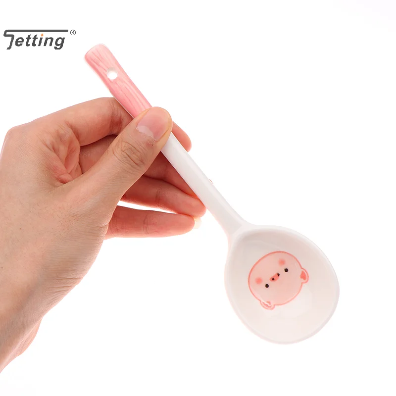 Kawaii خنزير السيراميك ملعقة شوربة لطيف الآيس كريم ملاعق رسمت باليد القهوة الحلوى مقبض طويل ملعقة اكسسوارات المطبخ